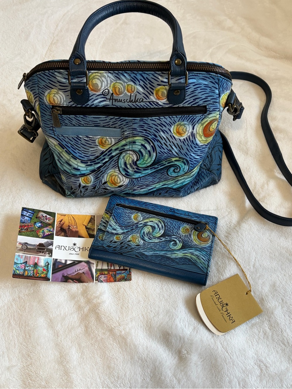 Anuschka Hand-Painted Blue Swirl Satchel with Matching Wallet
